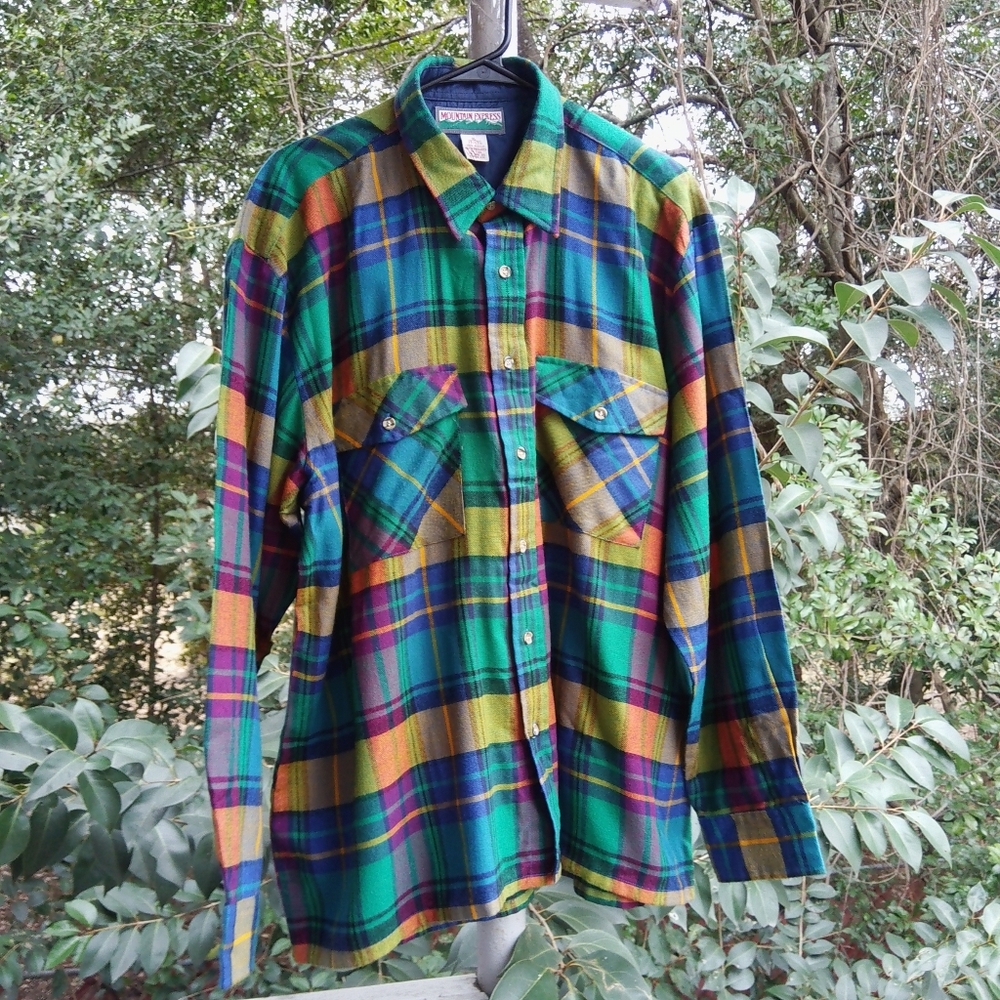 Vintage 90s Plaid Flannel Colorful Button down Shirt Men XL
